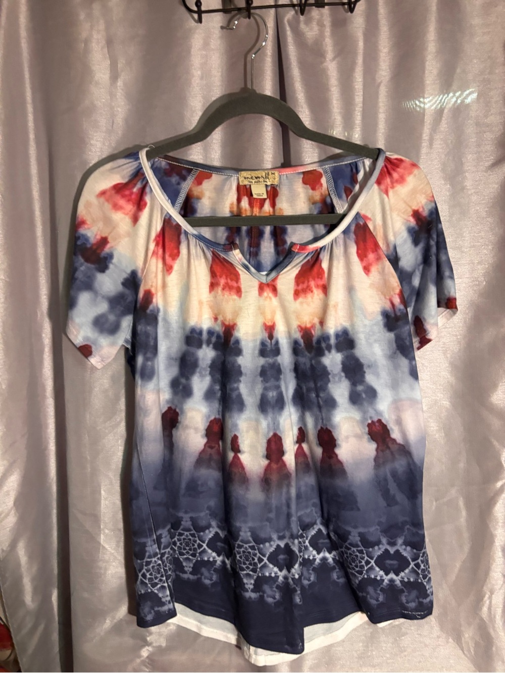 ONE WORLD Women's Short Sleeve Tie-Dye Top - Red, Blue & White